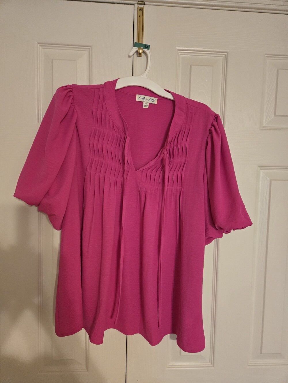 She + Sky Make It Last Top Hot Pink Pintuck V-Neck Tie Blouse